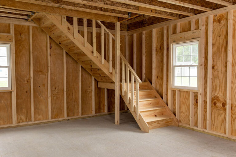 2nd story stairs in Amish built 2 car garage.