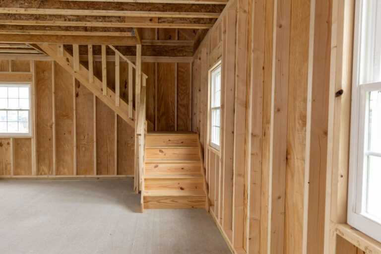 Stairway to second story of 2 car Amish built garage.