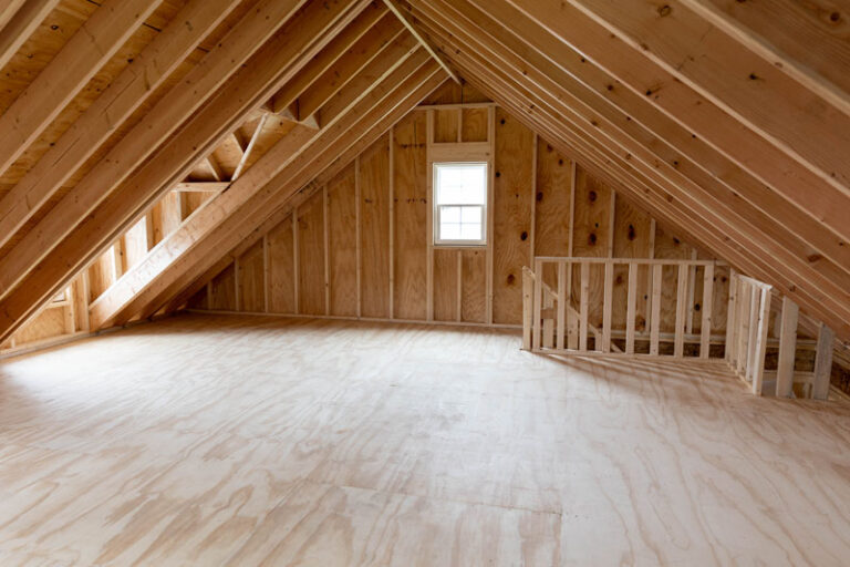 Attic truss storage area in Amish built 2 car garage