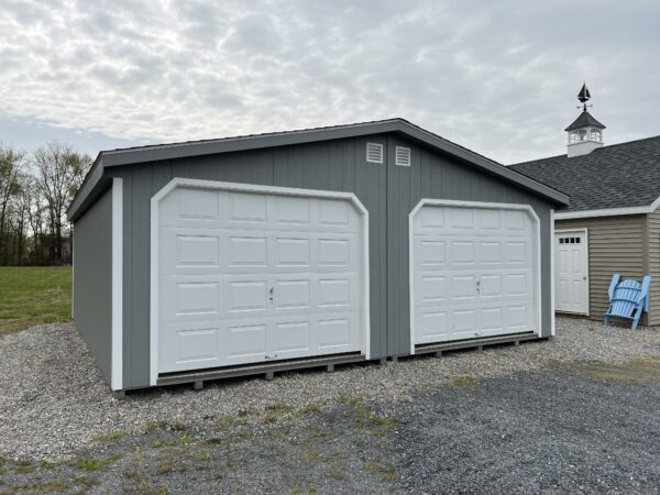 Gray and white 2 car prefab garage for sale in Denton, MD