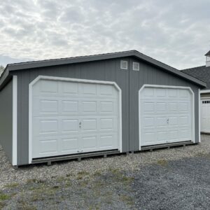 Gray and white 2 car prefab garage for sale in Denton, MD