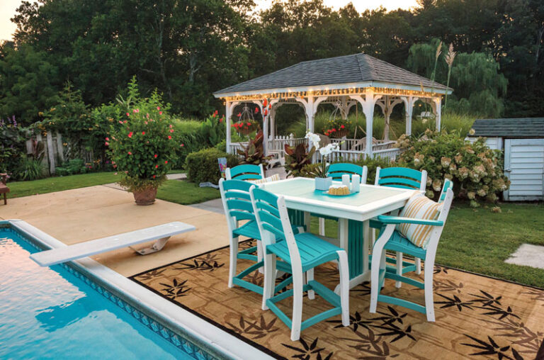Poolside poly patio furniture dining set in blue and white.