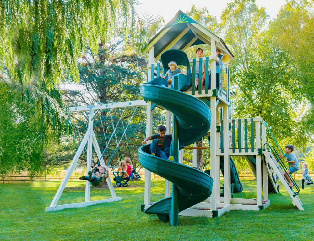 vinyl swingset in backyard