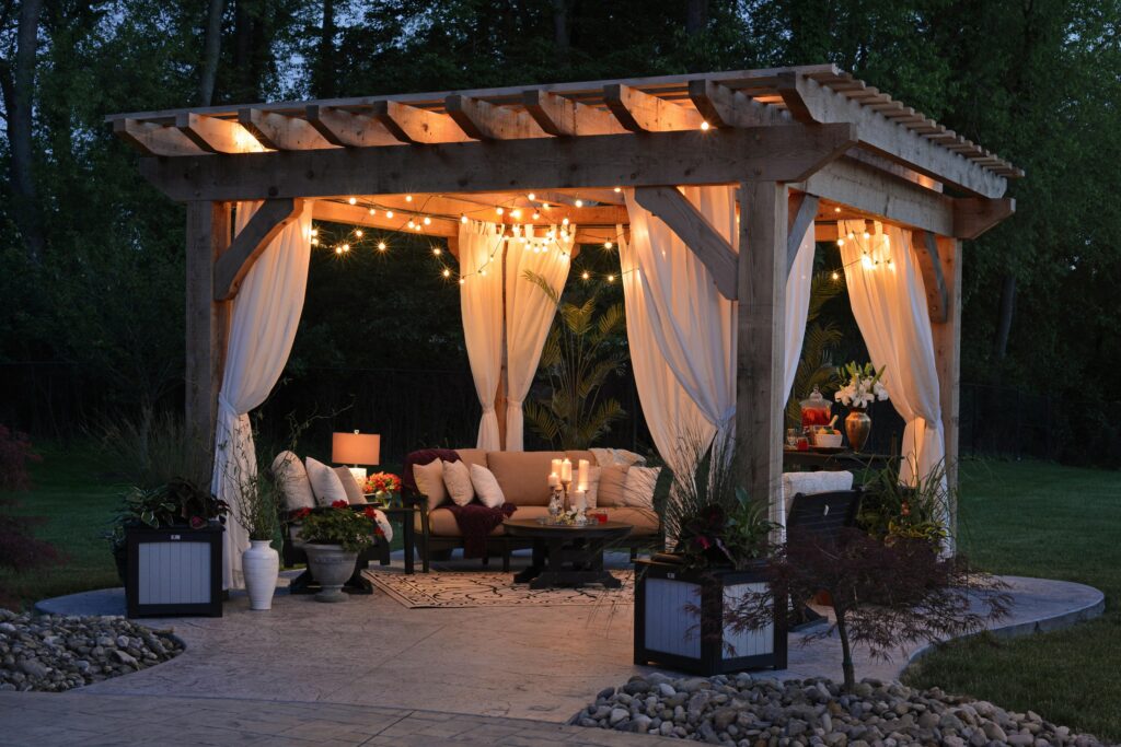 inviting outdoor space with poly furniture and string lights