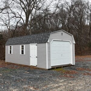 Gray and white 1 car garage mini barn for sale in Denton MD