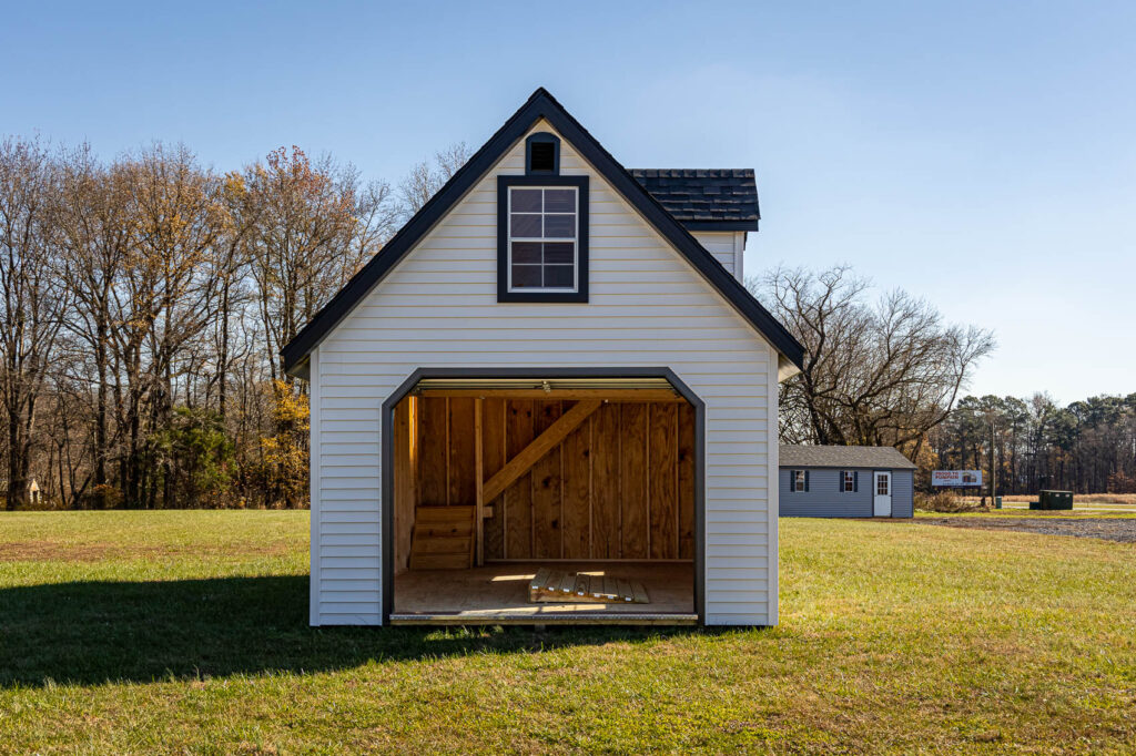 open garage door on chalet garage shed