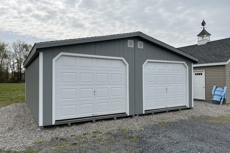 Gray and white 2 car prefab garage for sale in Denton, MD