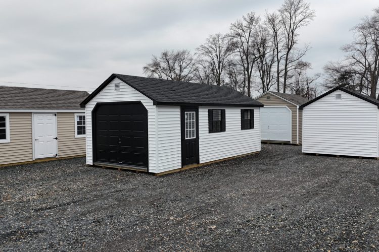 4 storage sheds for sale on Denton, Md sales lot.